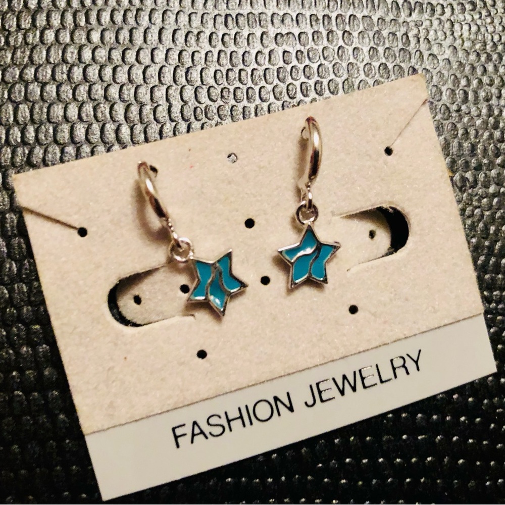 Silver and Blue Enamel Star Earrings